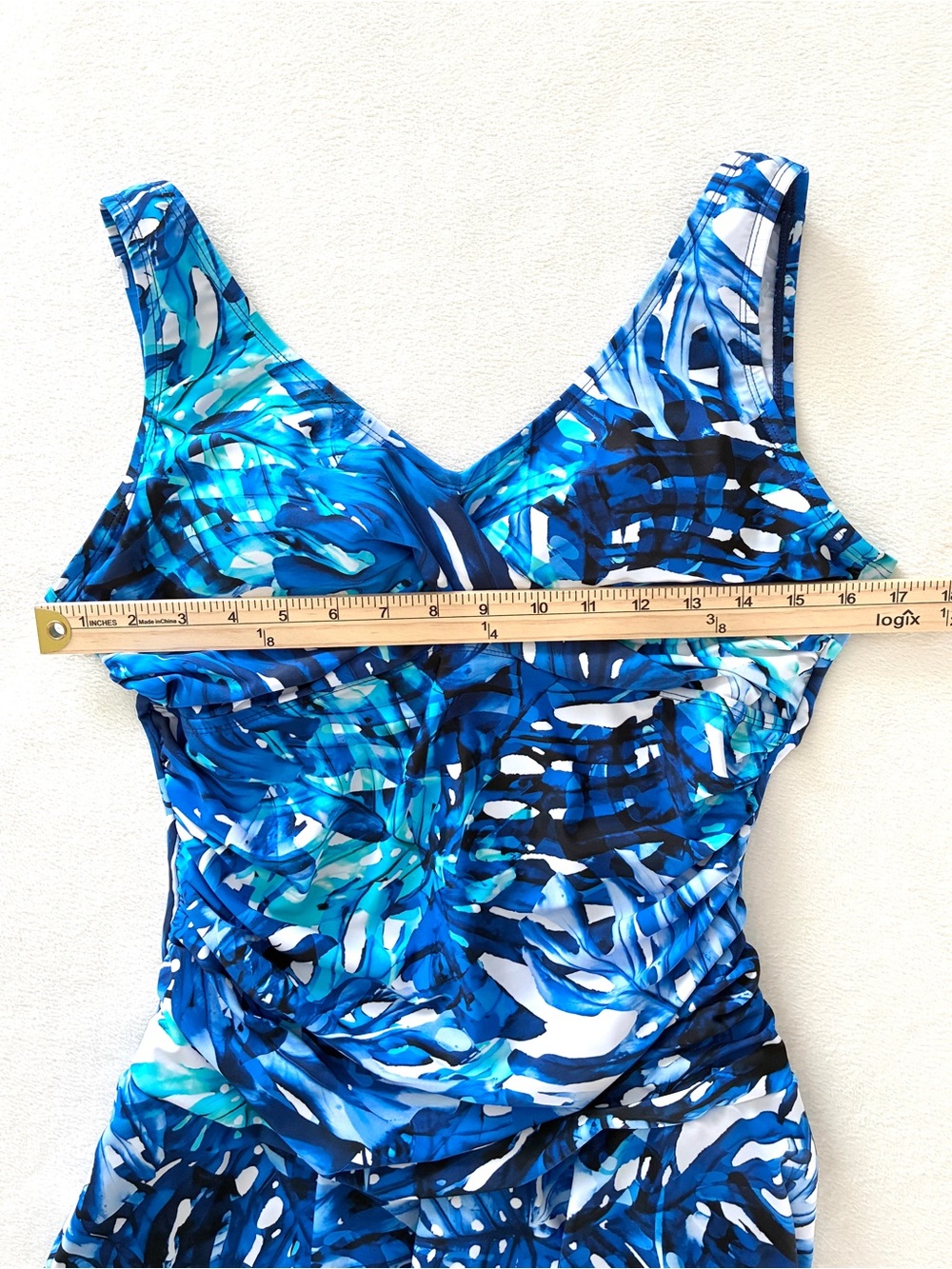 Ceeb Swim Dress 14 Blue Tropical One Piece Swimsuit Ruched Tummy Control Coastal - Picture 9 of 14
